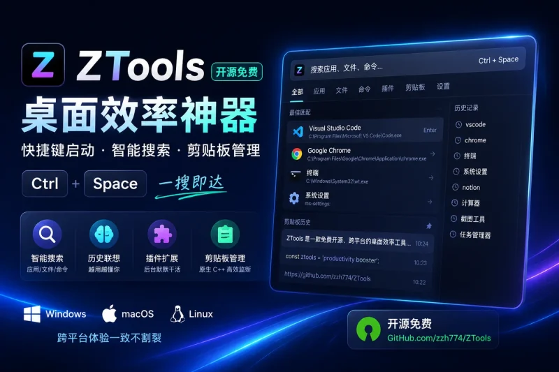 ZTools:免费开源桌面效率神器,快捷键启动、智能搜索、剪贴板管理-以北资源站