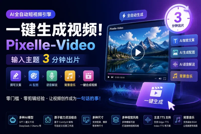 一键生成视频!AI全自动短视频引擎Pixelle-Video,输入主题3分钟出片-以北资源站