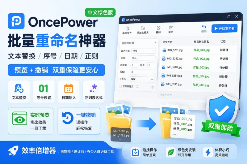 OncePower 中文绿色版 - 批量重命名神器,文本替换/序号/日期/正则,预览+撤销双重保险,摄影师设计师效率倍增器-以北资源站