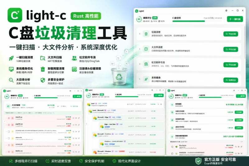 C盘垃圾清理工具 light-c:一键扫描、大文件分析与系统深度优化-以北资源站