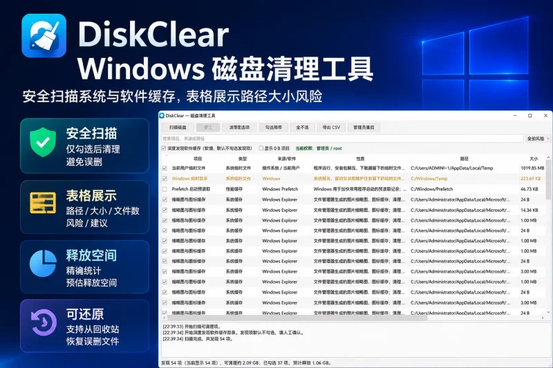 DiskClear | Windows 磁盘清理工具 – 安全扫描系统与软件缓存,表格展示路径大小风险-以北资源站
