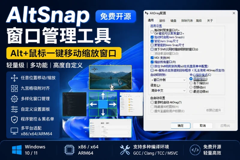 AltSnap 免费开源窗口管理工具:轻量级窗口管理辅助增强工具,支持 Windows x86/x64/ARM64-以北资源站