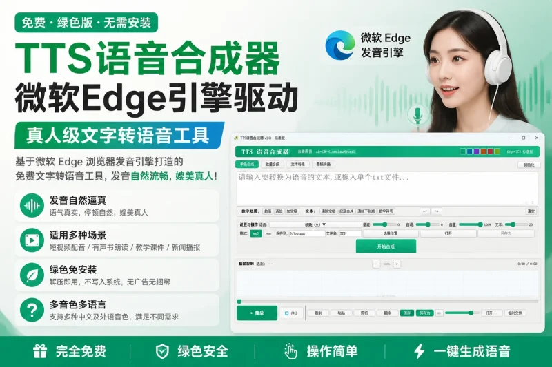 免费TTS语音合成器绿色版:微软Edge引擎驱动的真人级文字转语音工具-以北资源站
