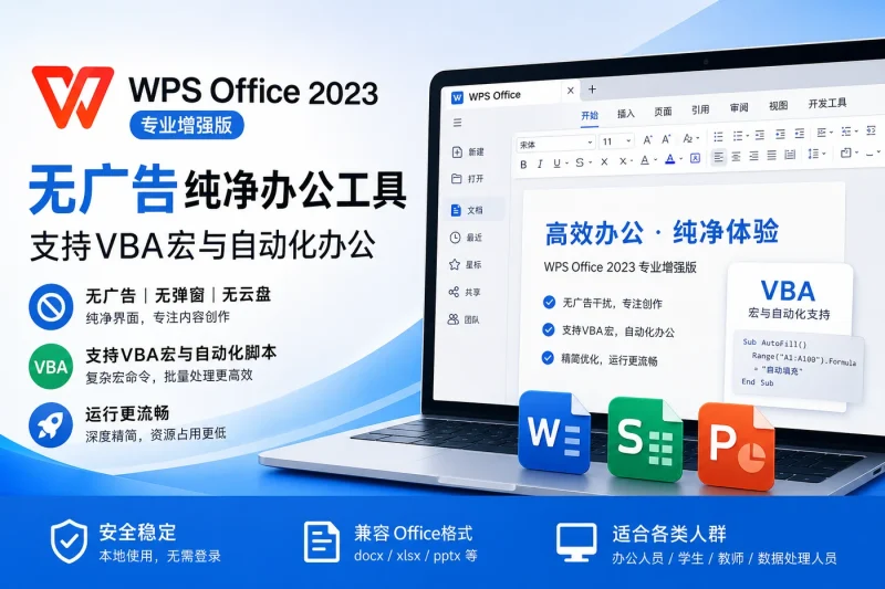 WPS Office 2023专业增强版:无广告纯净办公工具,支持VBA宏与自动化办公-以北资源站