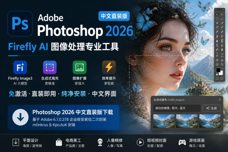 Adobe Photoshop 2026 中文直装版下载:Firefly AI 图像处理专业工具指南-以北资源站
