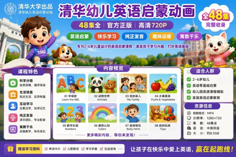 清华幼儿英语启蒙动画48集:适合0-6岁宝宝的英语听说与认知启蒙动画-以北资源站