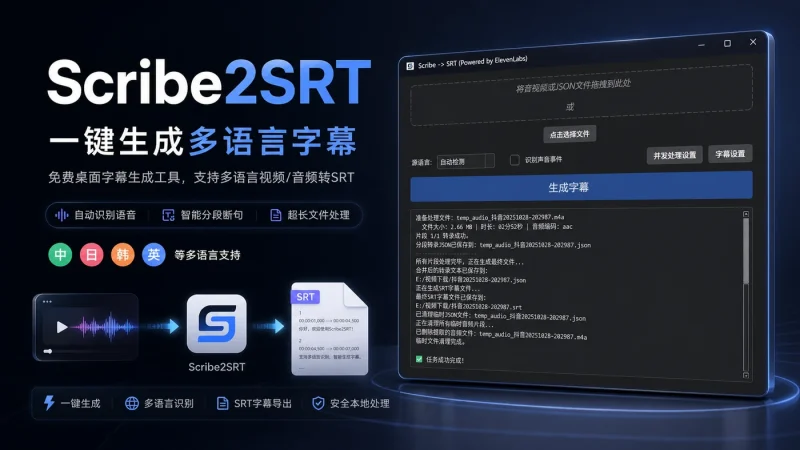 Scribe2SRT:免费桌面字幕生成工具,支持多语言视频音频转SRT字幕文件-以北资源站