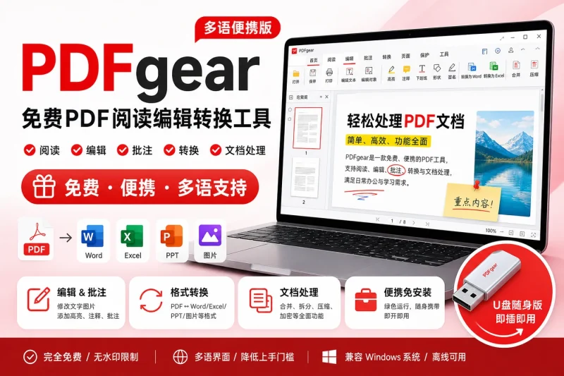 PDFgear 多语便携版:免费PDF阅读编辑转换工具,支持批注与文档处理-以北资源站